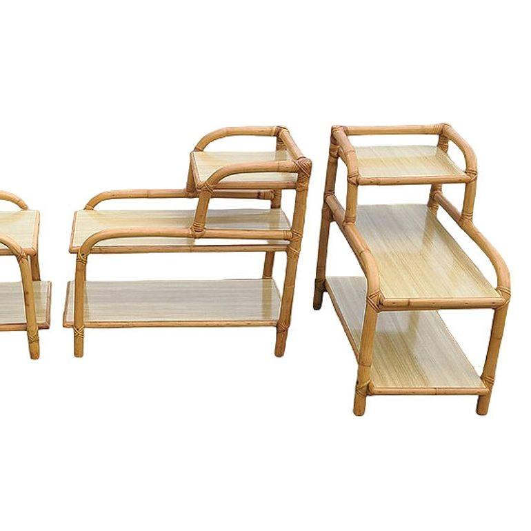 Restored Mid-century 3-Tier Rattan Side Lamp Table Living Room Set of 4 In Excellent Condition For Sale In Van Nuys, CA