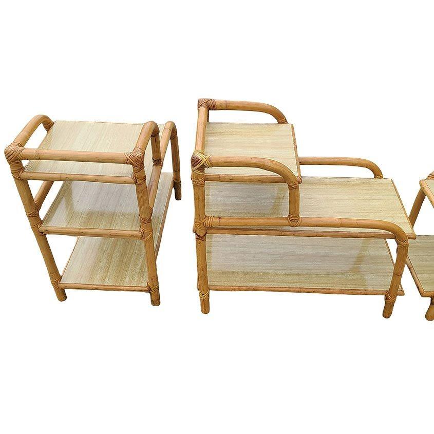 Mid-20th Century Restored Mid-century 3-Tier Rattan Side Lamp Table Living Room Set of 4 For Sale