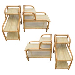 Restored Mid-century 3-Tier Rattan Side Lamp Table Living Room Set of 4