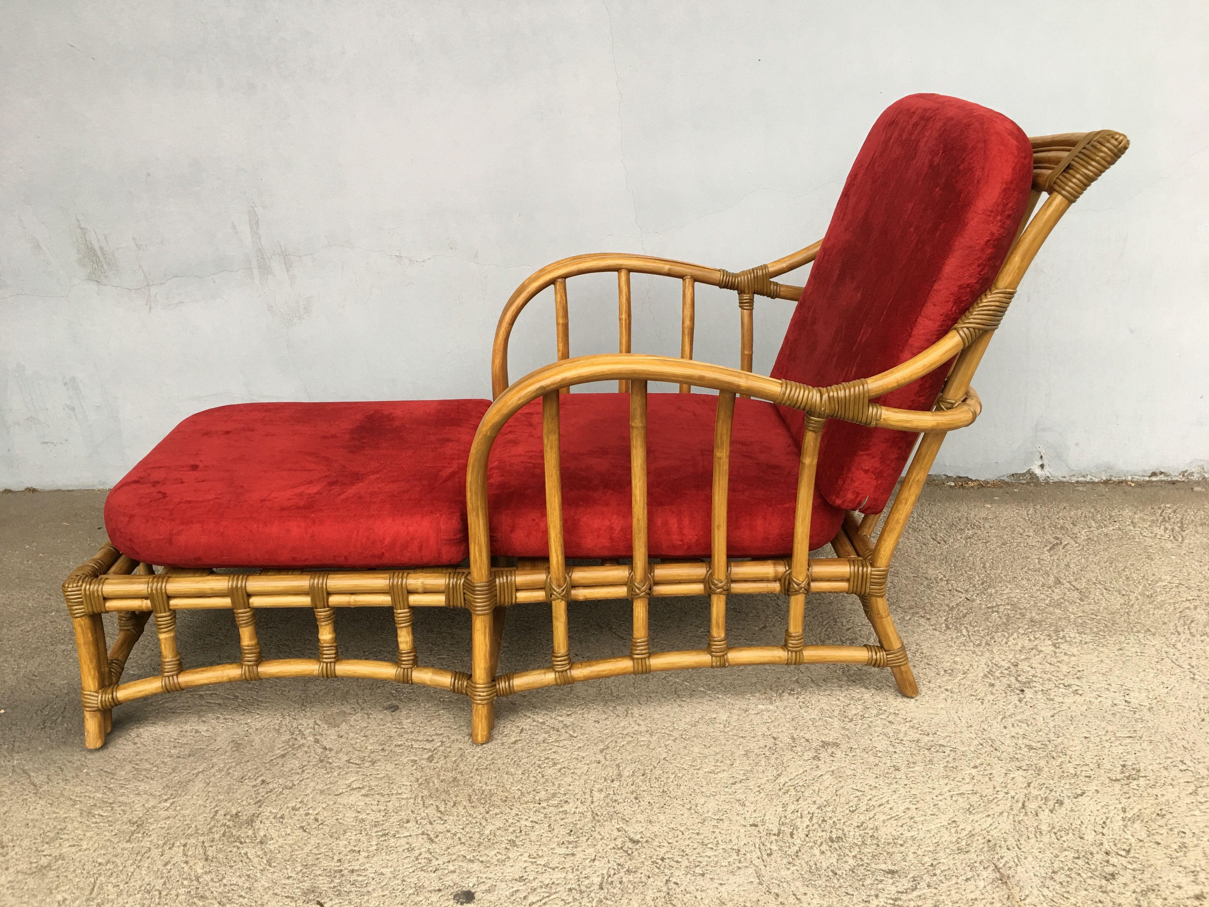 Rattan Restored Outdoor Midcentury Arched Arms Chaise Lounge Chair with Foot Rest, Pair