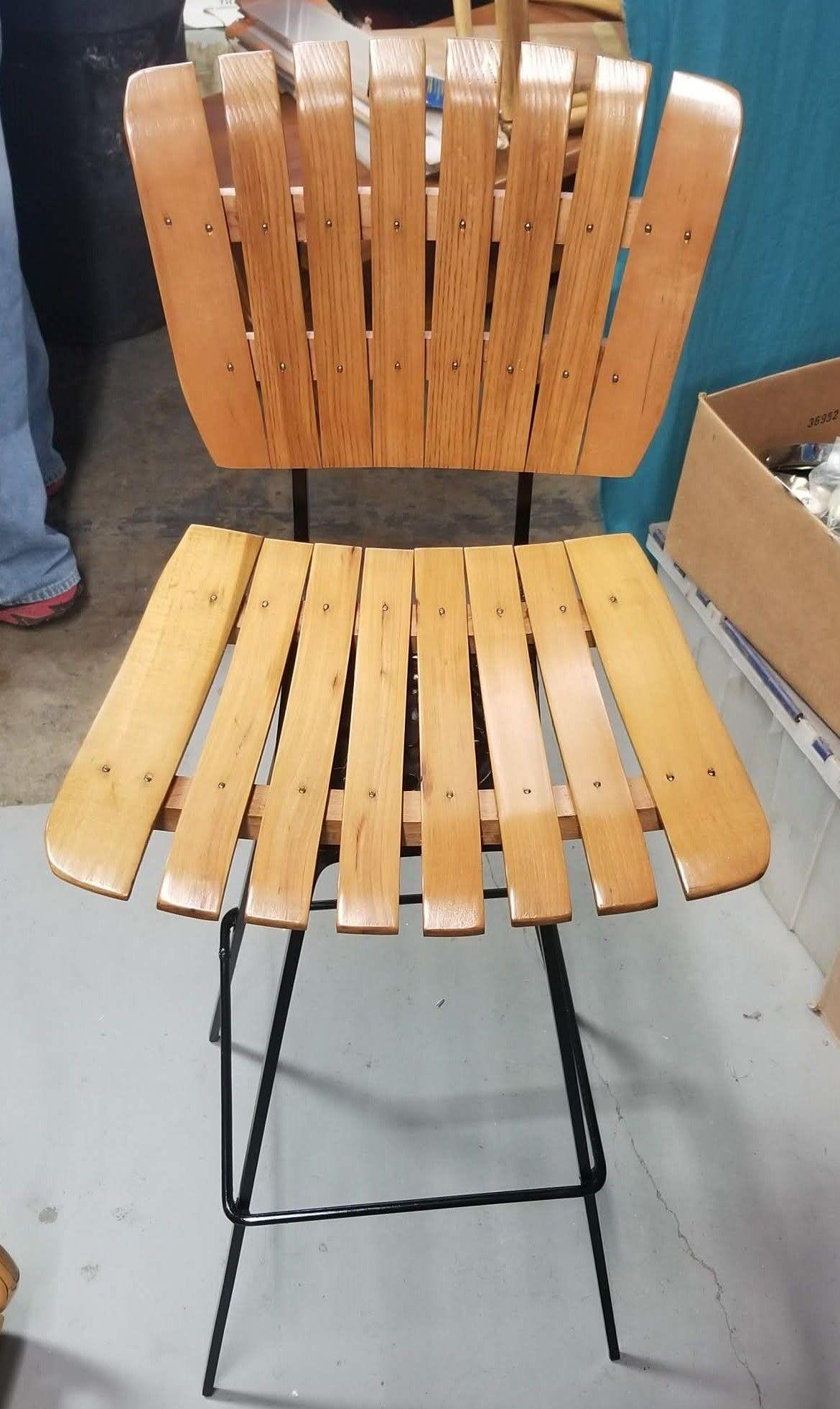 Oak Restored Mid Century Arthur Umanoff Set of Four Slat Bar Stools For Sale