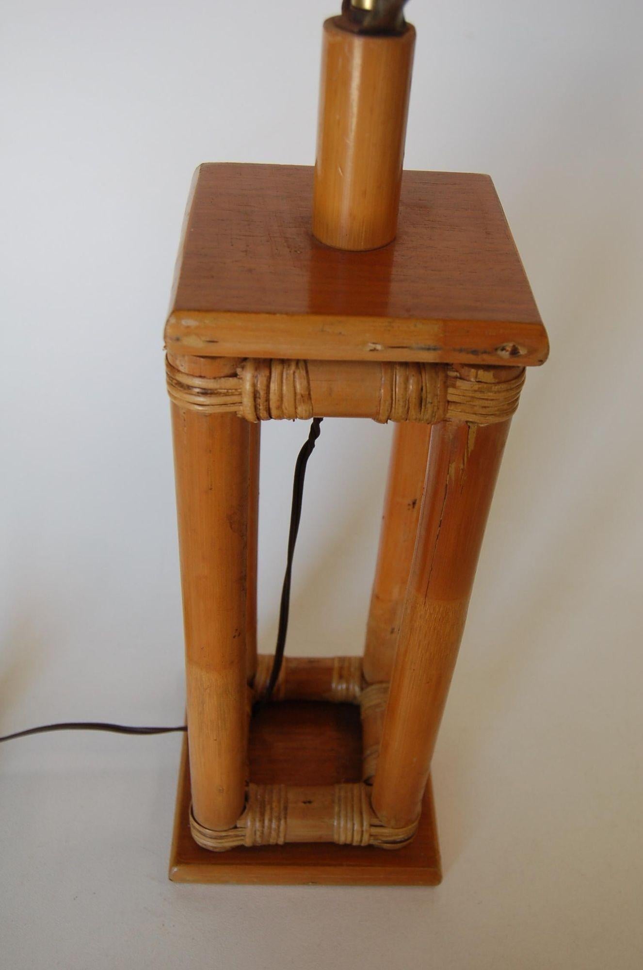 American Restored Mid-Century Box Frame Rattan Table Lamp For Sale