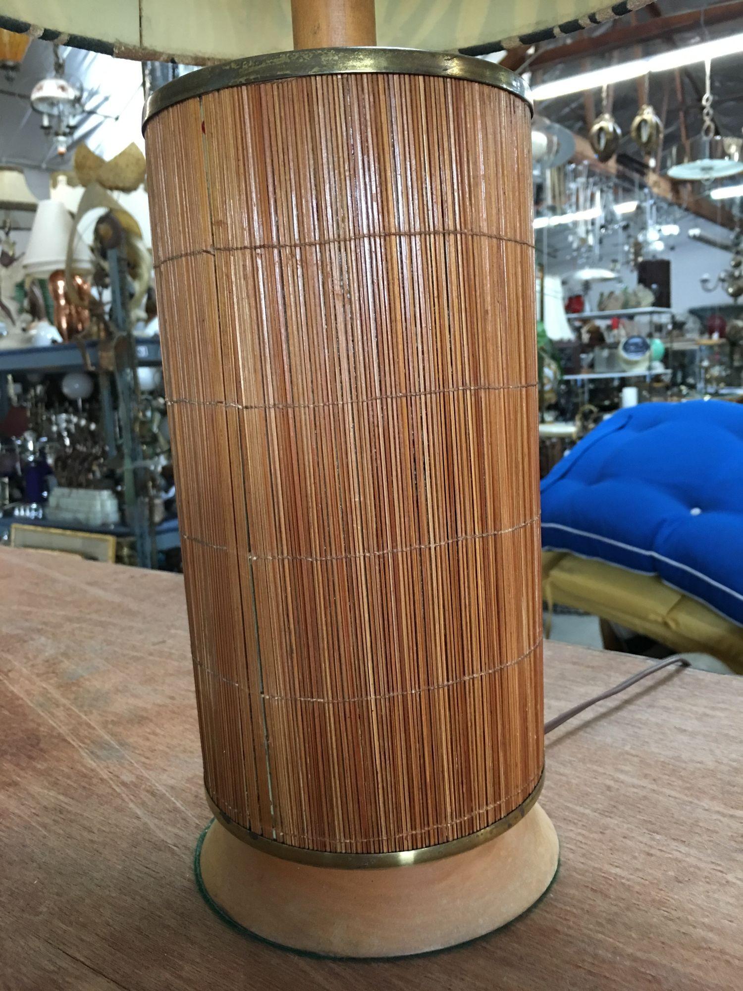 American Restored Midcentury Bamboo Tropical Lamp with Fabric Palm Leaf For Sale