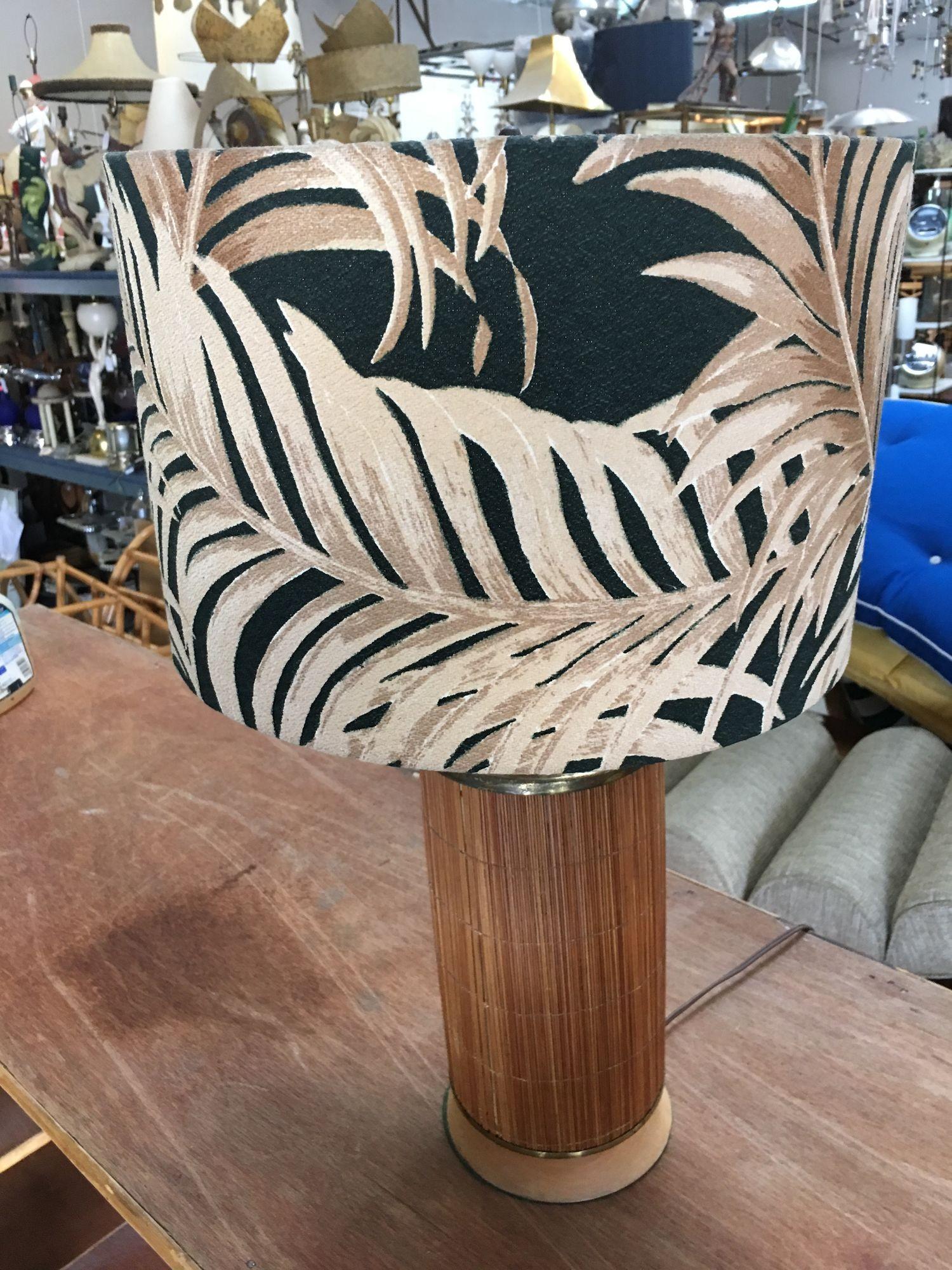 Restored Midcentury Bamboo Tropical Lamp with Fabric Palm Leaf In Excellent Condition For Sale In Van Nuys, CA