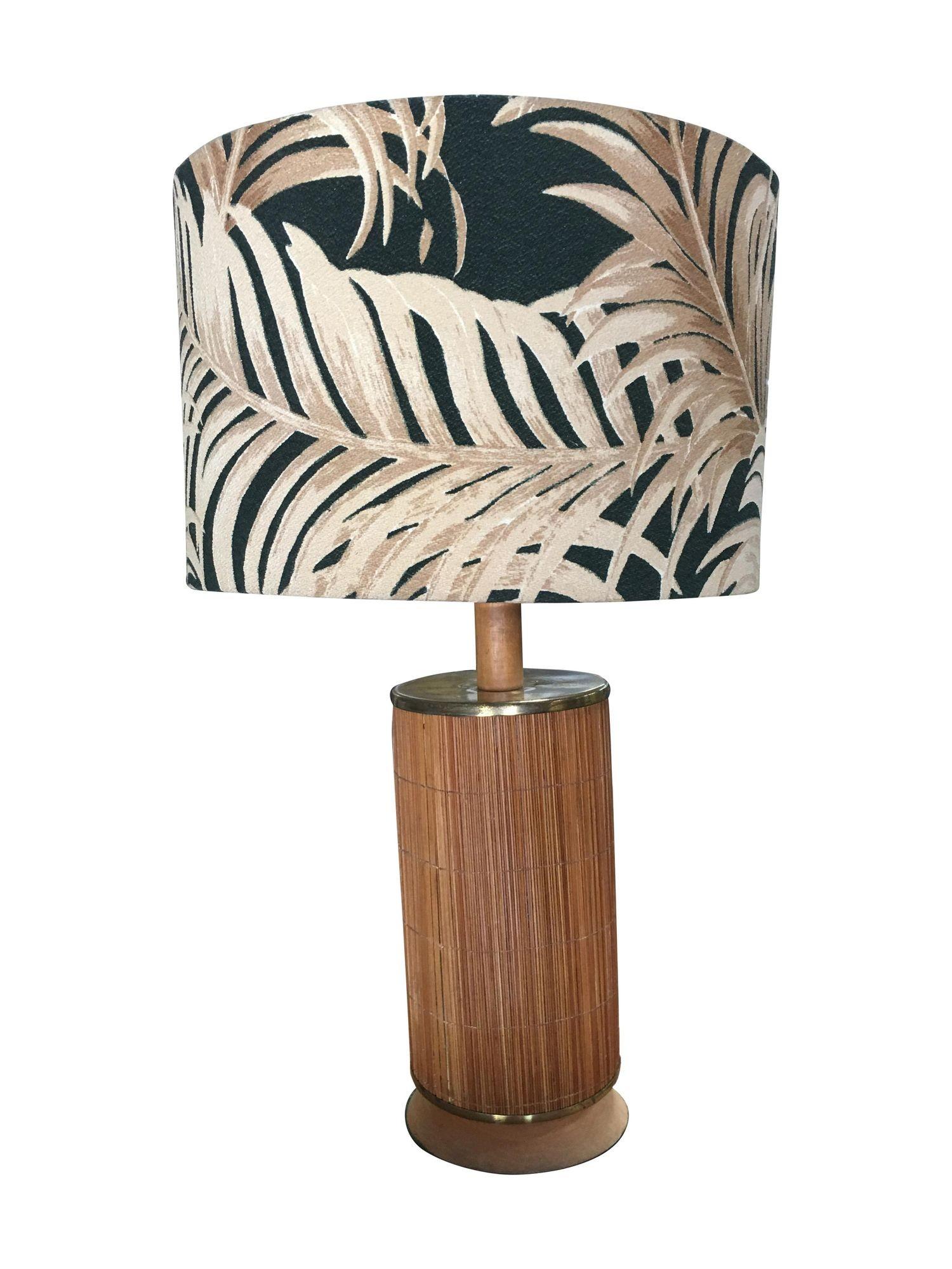 Rattan Restored Midcentury Bamboo Tropical Lamp with Fabric Palm Leaf For Sale