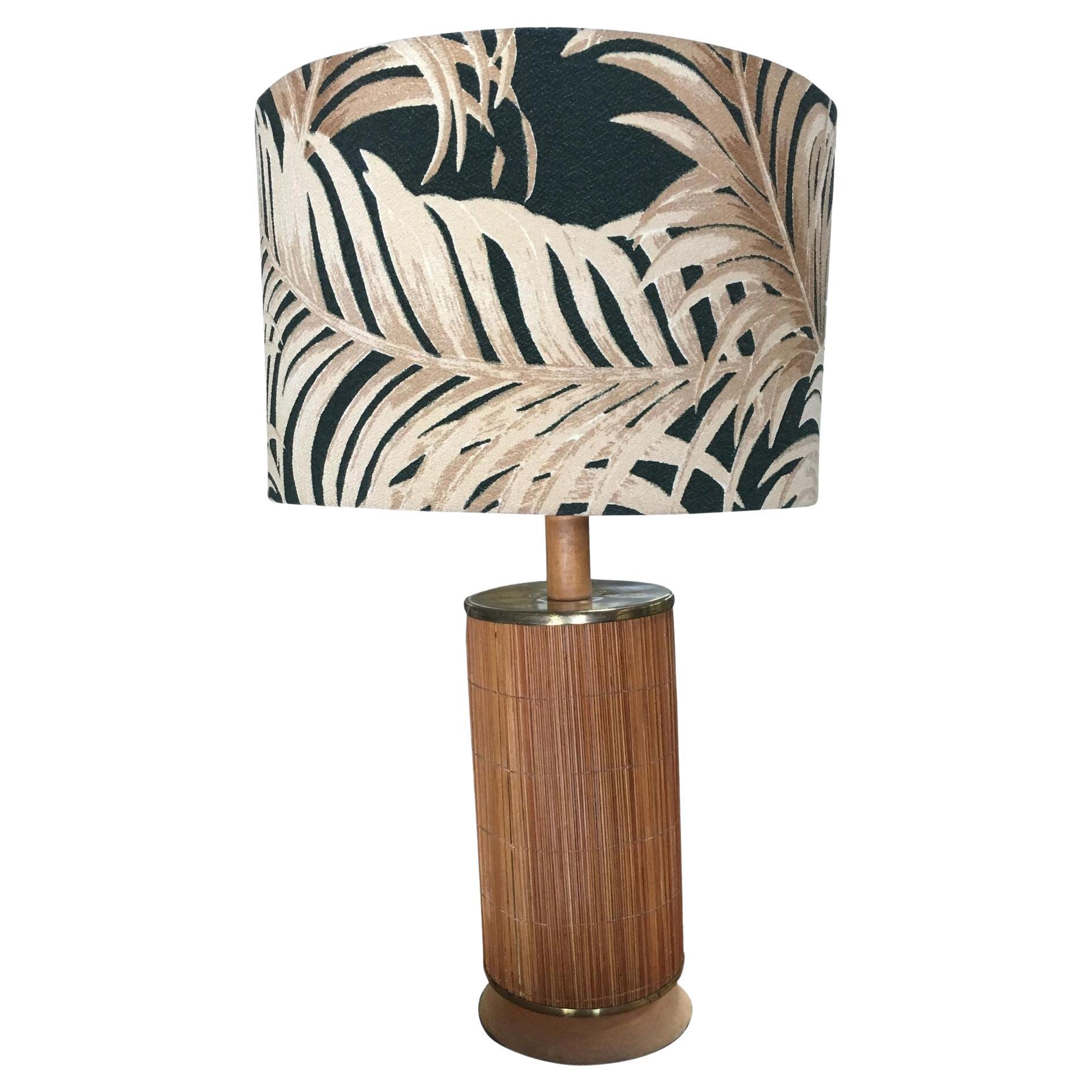 Restored Midcentury Bamboo Tropical Lamp with Fabric Palm Leaf For Sale