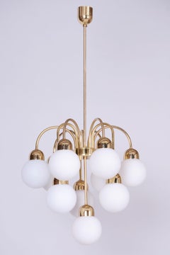 Restored Mid-Century Chandelier, Brass, Opaline Glass, Cleaned, Czech, 1950s