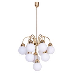 Restored Mid-Century Chandelier, Brass, Opaline Glass, Cleaned, Czech, 1950s