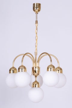 Restored Mid-Century Chandelier, Brass, Opaline Glass, Repolished, Czech, 1950s