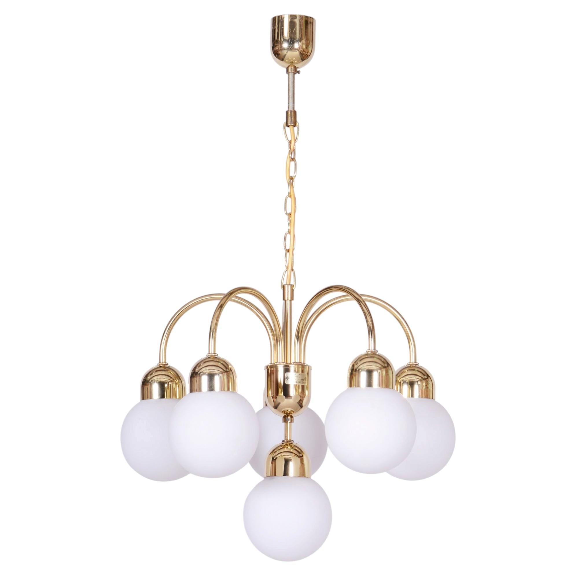 Restored Mid-Century Chandelier, Brass, Opaline Glass, Repolished, Czech, 1950s