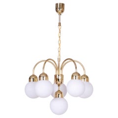 Restored Mid-Century Chandelier, Brass, Opaline Glass, Repolished, Czech, 1950s