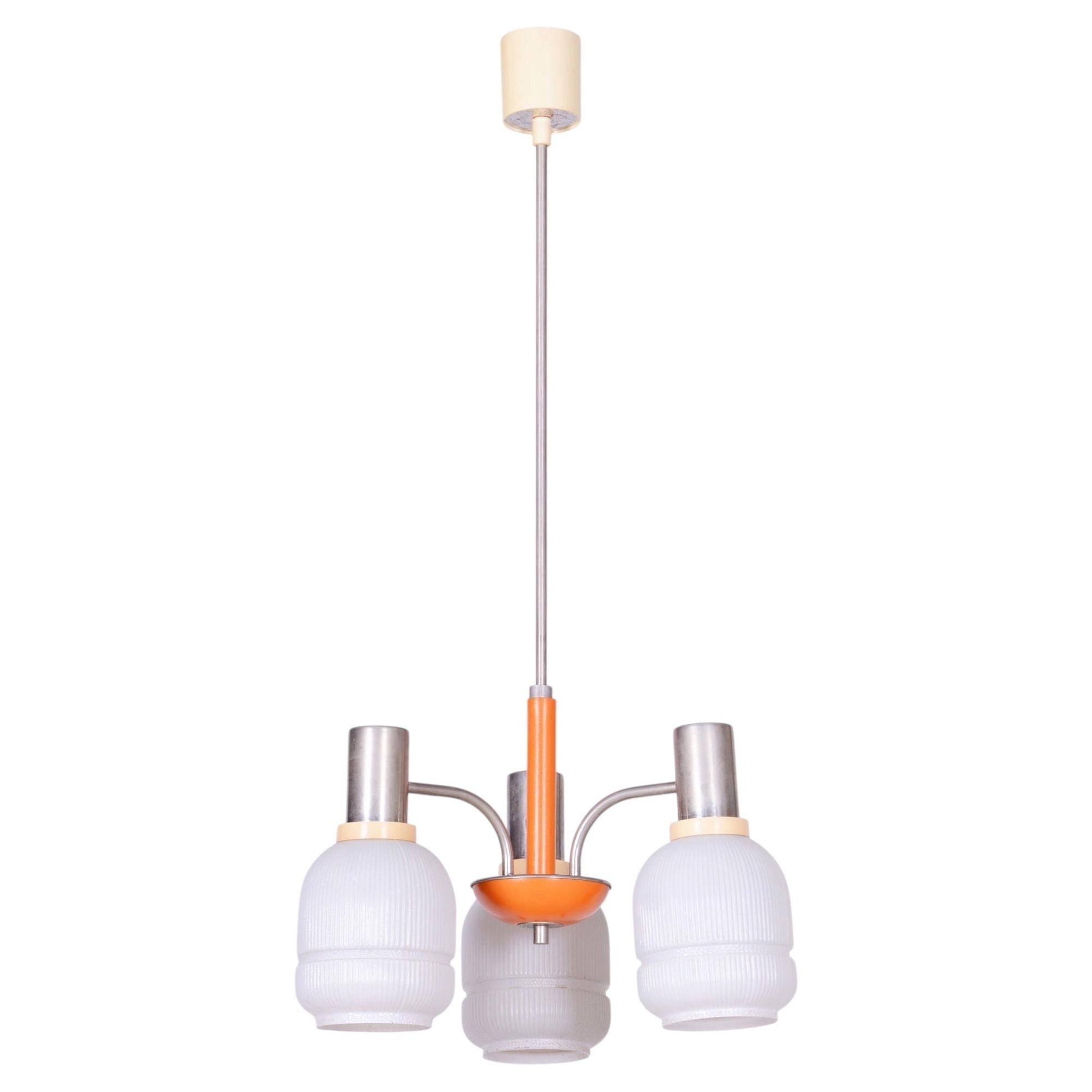 Restored Mid-Century Chandelier, by Drukov, Chromed Steel, Glass, Czech, 1970s