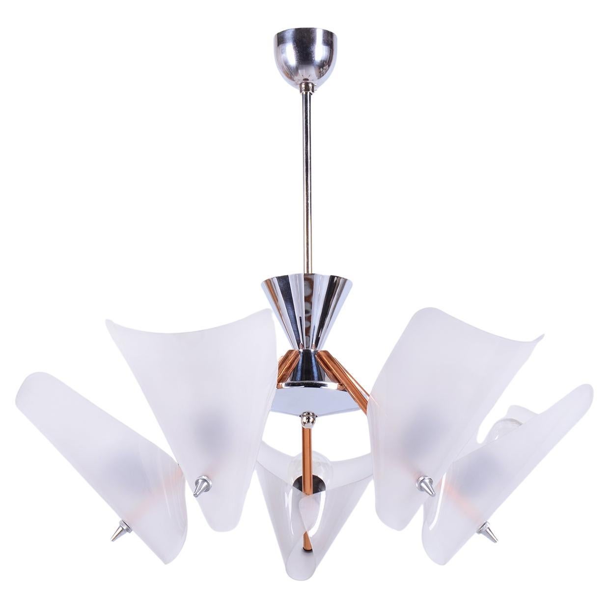 Restored Mid-Century Chandelier, by Drukov, Copper, Chrome, Czech, 1960s For Sale