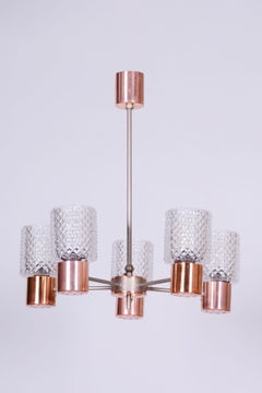 Restored Mid-Century Chandelier, Chrome, Steel, Copper, Glass, Czech, 1960s