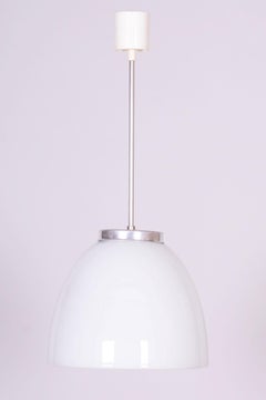 Restored Mid-Century Chandelier, Chrome, Steel, Opaline Glass, Czech, 1950s
