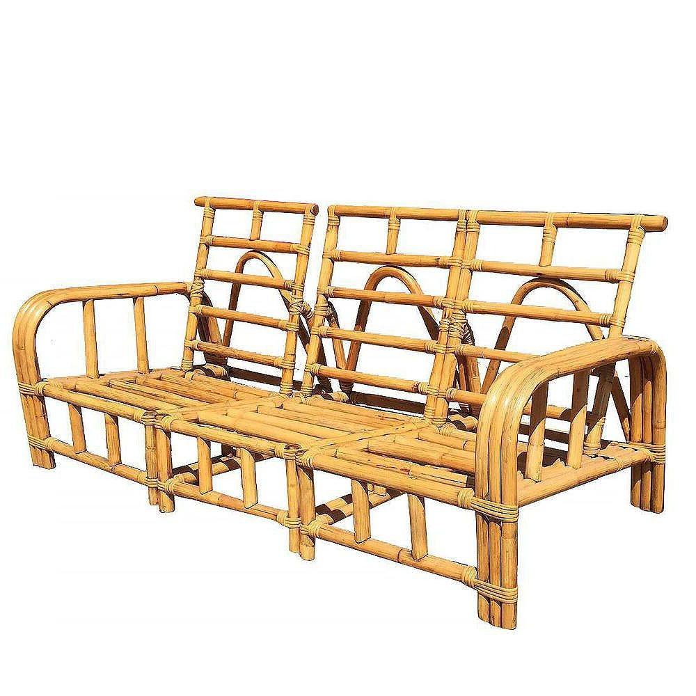 Questo divano componibile in rattan a misura di bambino, splendidamente restaurato e ispirato a Paul Frankl, è realizzato con braccioli a 3 fili in stile 