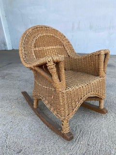 Restored Midcentury Child Size Woven Wicker Rocking Chair