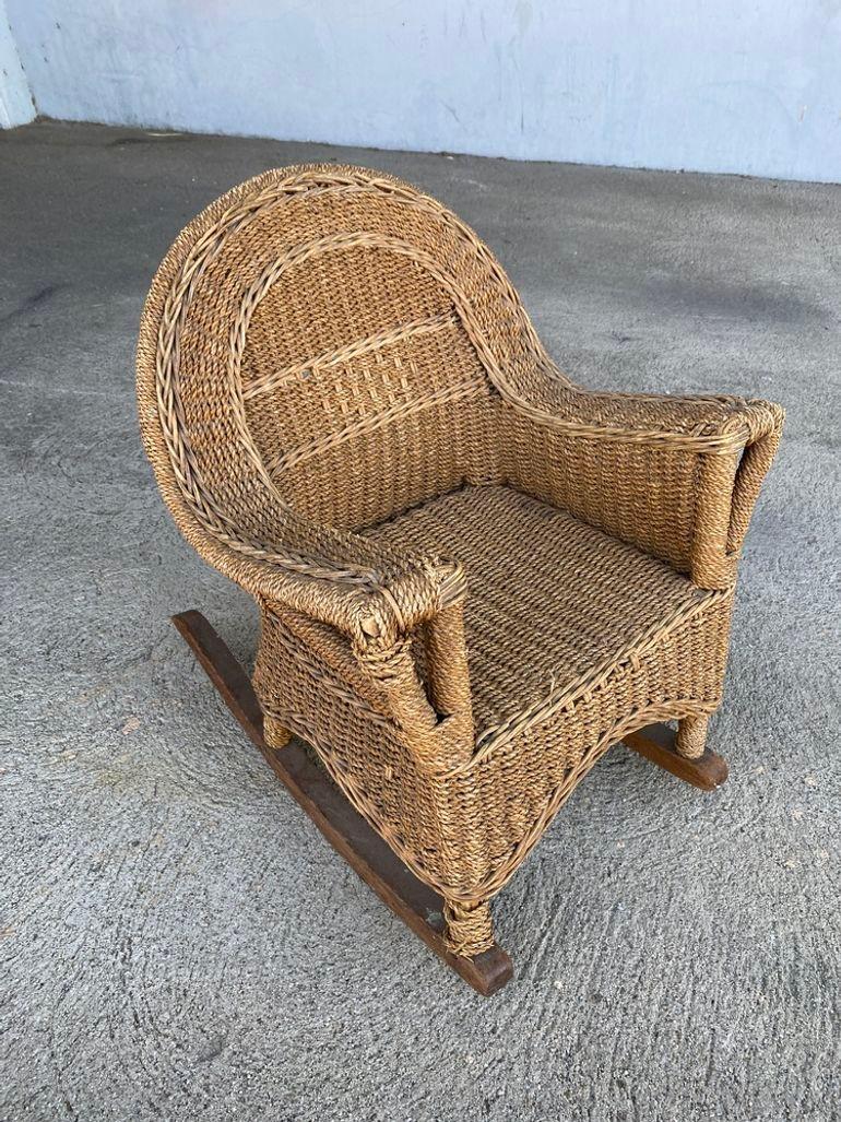 American Restored Midcentury Child Size Woven Wicker Rocking Chair