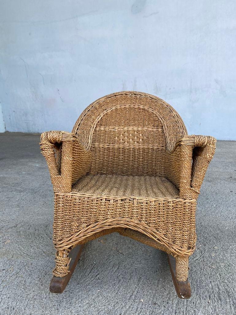 Restored Midcentury Child Size Woven Wicker Rocking Chair In Excellent Condition In Van Nuys, CA