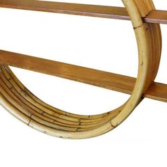 Restored Midcentury Circular Rattan Wall Shelf with Mahogany Slats