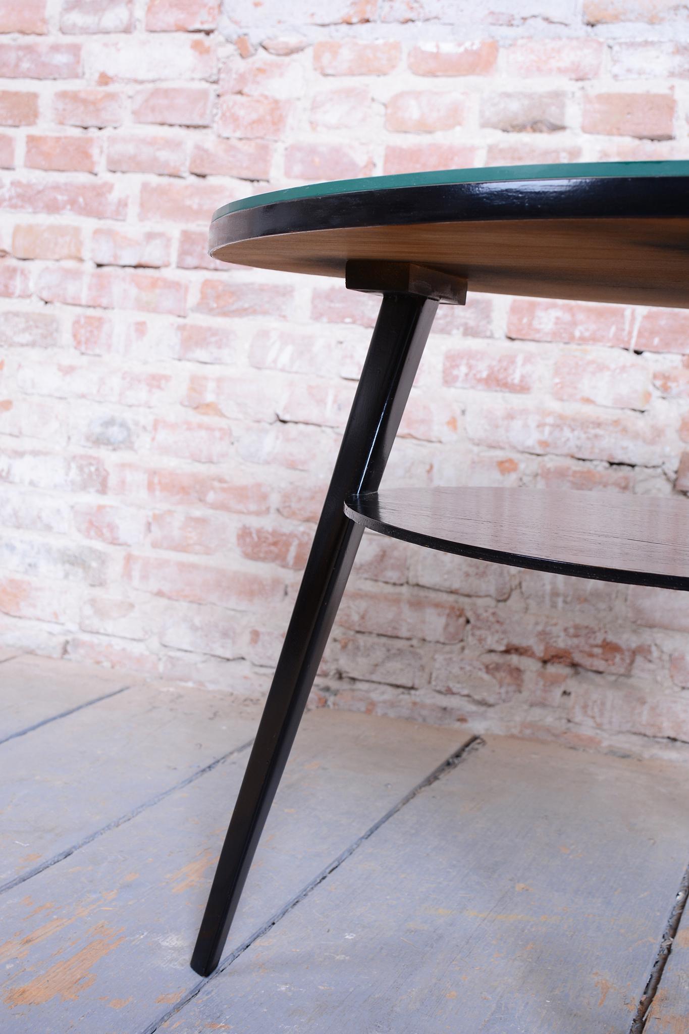 Restored Mid -Century Coffee Table, Beech, Oak, Glass, Polish, Czech, 1950s For Sale 2