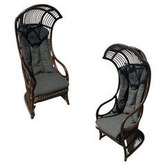 Retro Restored Mid-Century Dark Stained Rattan Canopy Chair, Pair