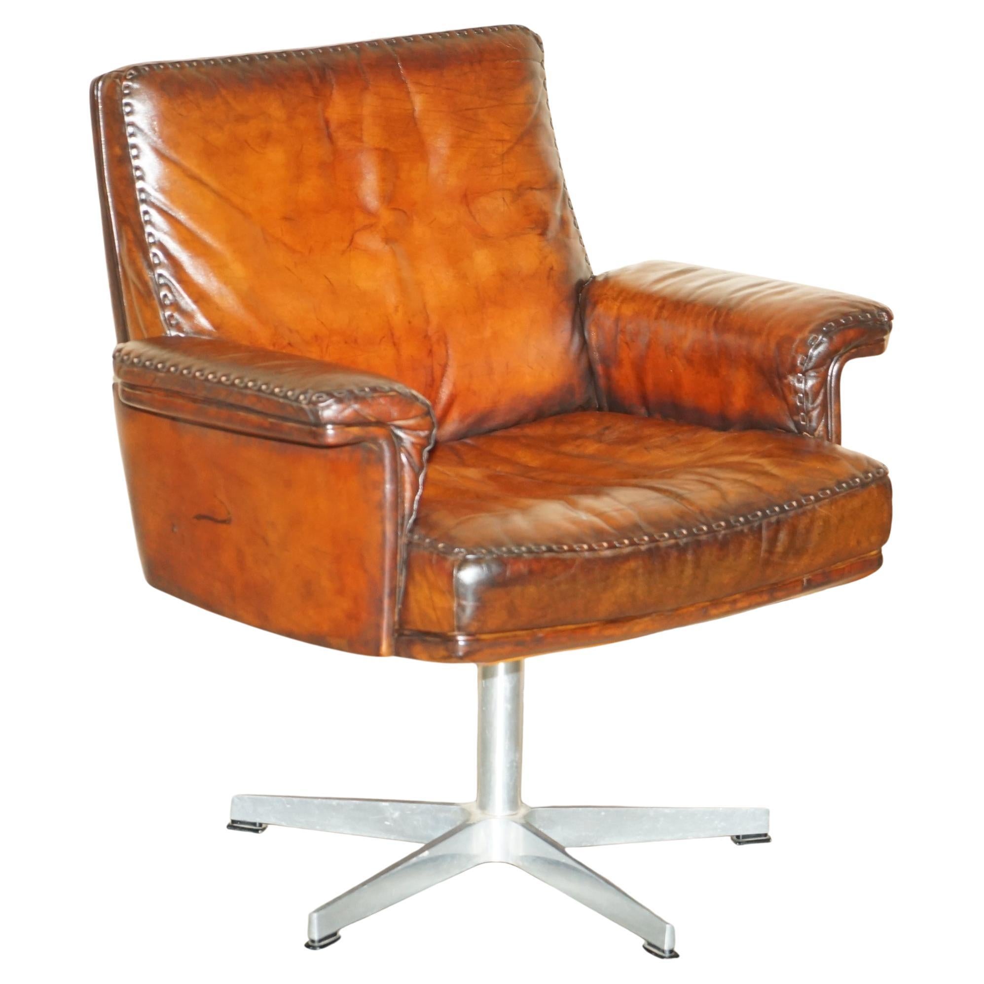 RESTORED MID CENTURY DE SEDE DS35 EXECUTIVE SWIVEL CAPTAiNS CHAIR BROWN LEATHER