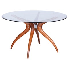 Restored Mid-Century Dining Table, Cherry-Tree, Tempered Glass, Czech, 1950s