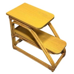 Restored Mid-Century Double-Strand Arched 2-Tiered Rattan & Oak Side Table, Pair