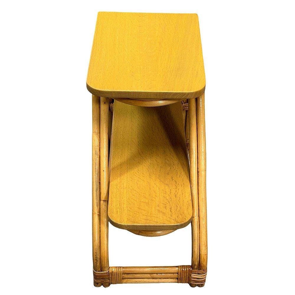 Mid-Century Modern Restored Mid-Century Double-Strand Arched 2-Tiered Rattan & Oak Side Table, Pair For Sale