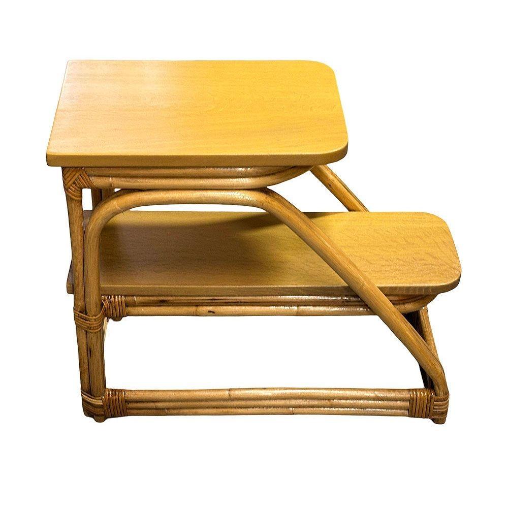 Restored Mid-Century Double-Strand Arched 2-Tiered Rattan & Oak Side Table, Pair In Excellent Condition For Sale In Van Nuys, CA