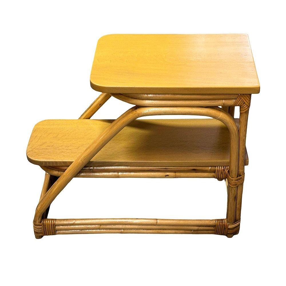 Mid-20th Century Restored Mid-Century Double-Strand Arched 2-Tiered Rattan & Oak Side Table, Pair For Sale