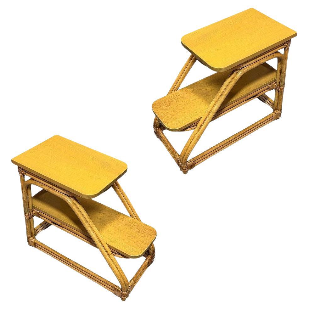 Restored Mid-Century Double-Strand Arched 2-Tiered Rattan & Oak Side Table, Pair