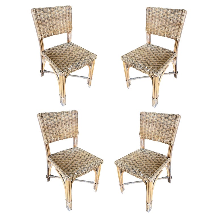Restored MidCentury Era Rattan Dining Side Chairs with Wicker Woven Seats For Sale at 1stDibs