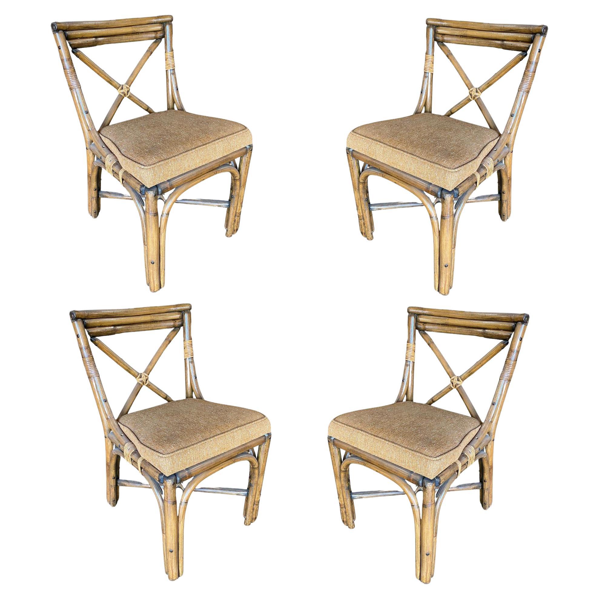 Restored Mid-Century Era Rattan Dining Side Chairs with Wicker Woven