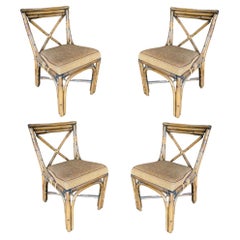 Restored Mid-Century Era Rattan Dining Side Chairs with X Back