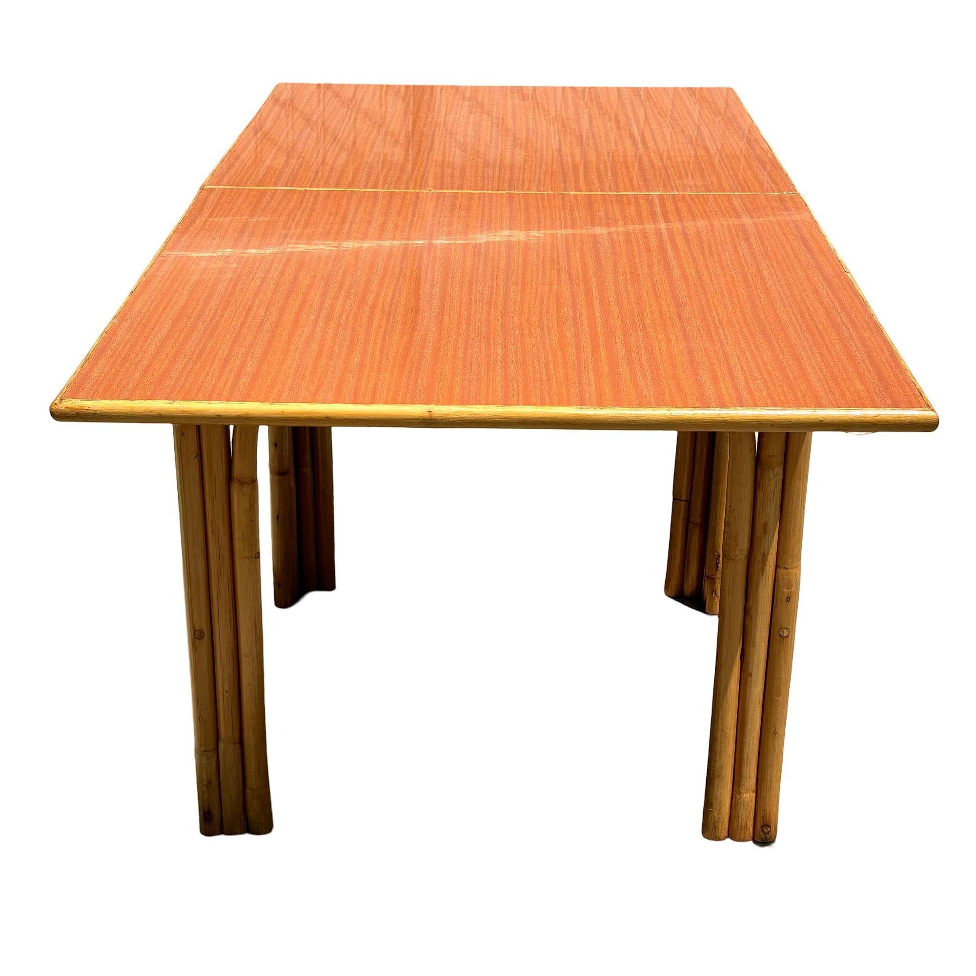 American Restored Mid-century Expanding Hinge Leaf Rattan Dining Table For Sale