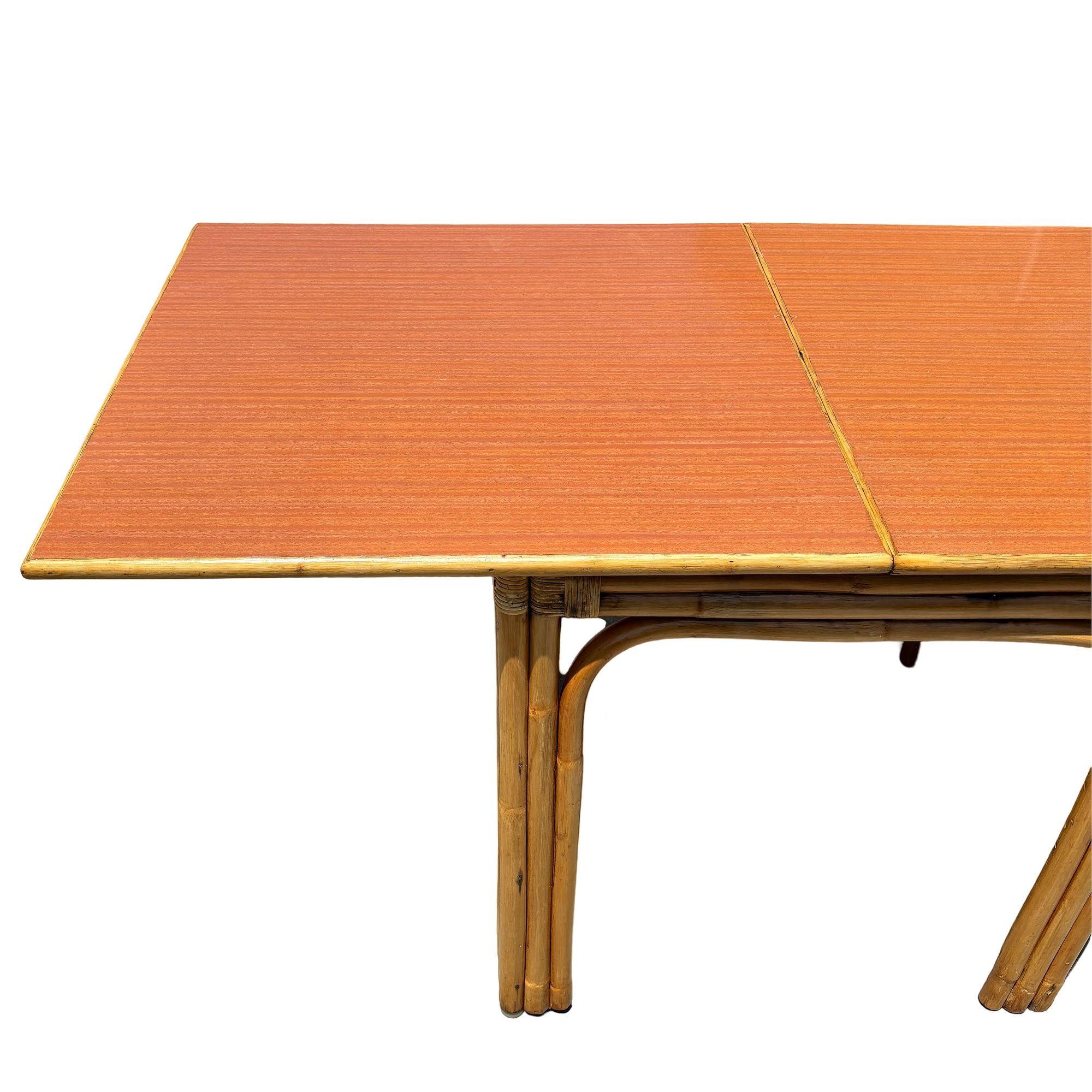 Restored Mid-century Expanding Hinge Leaf Rattan Dining Table In Excellent Condition For Sale In Van Nuys, CA
