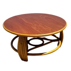 Restored Mid-Century Five-Pole Rattan & Mahogany Coffee Table w/ Tri-corner Base