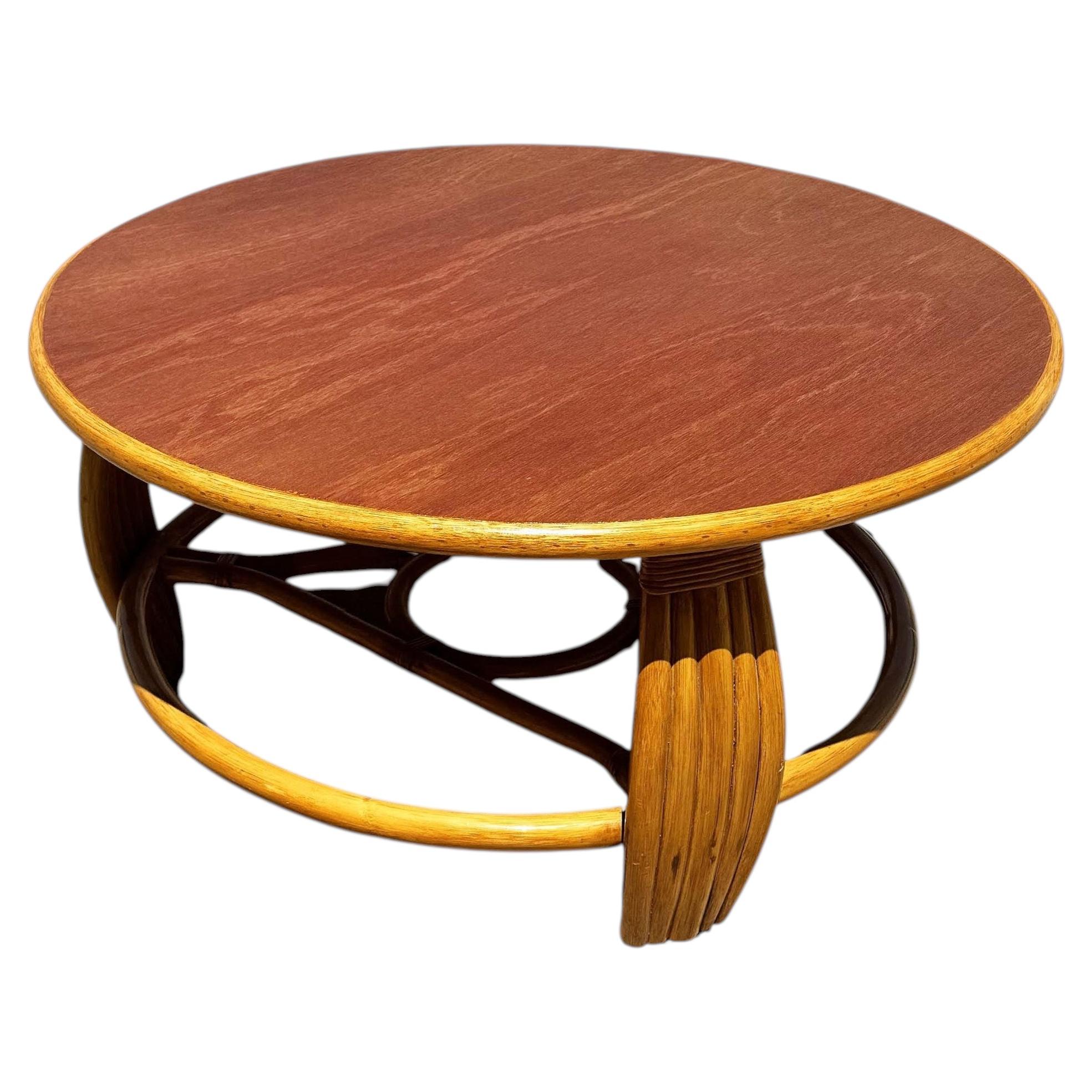 Restored Mid-Century Five-Pole Rattan & Mahogany Coffee Table w/ Tri-corner Base For Sale