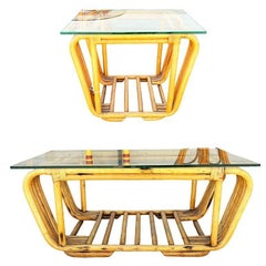 Restored Mid-century Floating Glass Top Rattan Coffee & Side Table, Pair