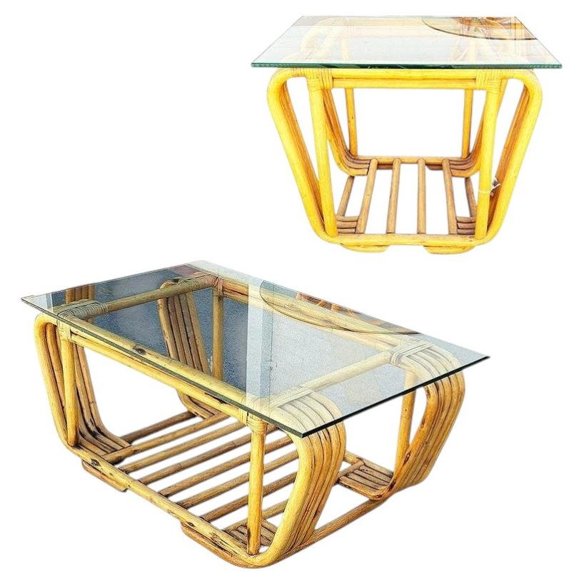Restored Mid-century Floating Glass Top Rattan Coffee & Side Table, Pair For Sale
