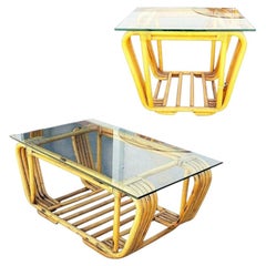 Restored Mid-century Floating Glass Top Rattan Coffee & Side Table, Pair