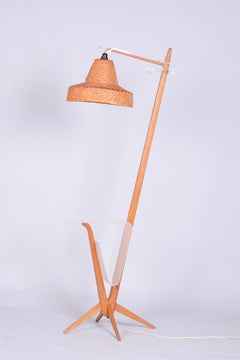 Restored Mid-Century Floor Lamp, by Krásná Jizba, Beech, Rattan, Czech, 1950s
