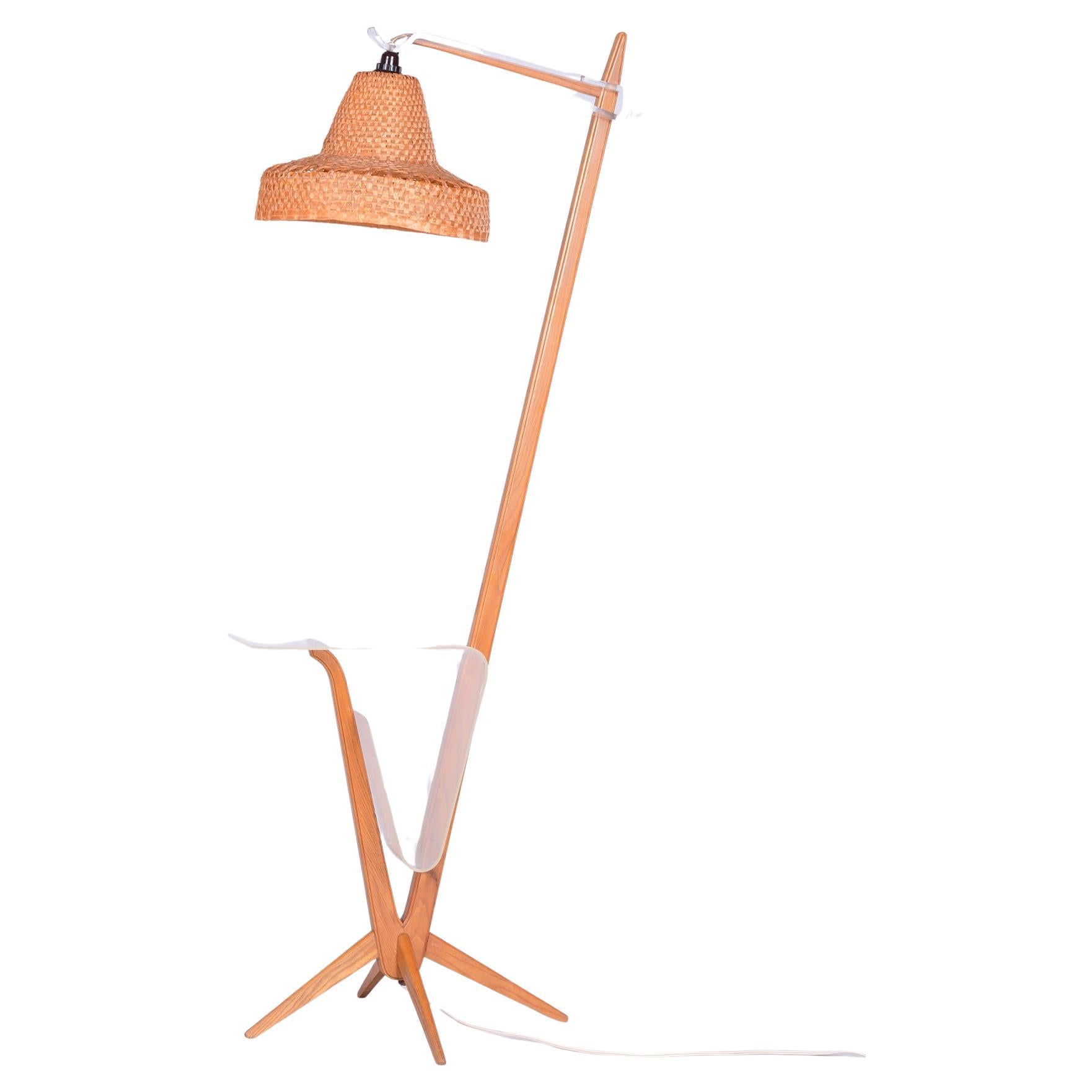 Restored Mid-Century Floor Lamp, by Krásná Jizba, Beech, Rattan, Czech, 1950s