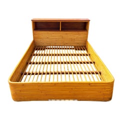 Restored Mid-century Full Size 13-strand Stacked Rattan Bed Frame w/ Book Shelf