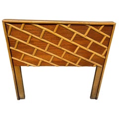 Restored Mid-century Geometric Brick Pattern Rattan & Mahogany Twin Headboad