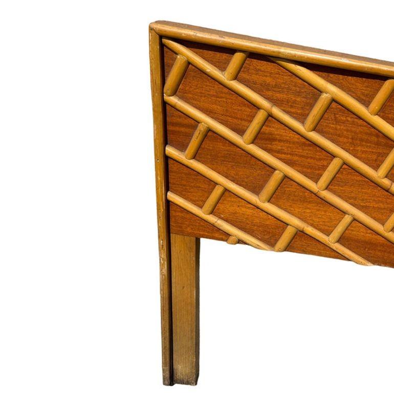 American Restored Mid-century Geometric Brick Pattern Rattan & Mahogany Twin Headboad For Sale