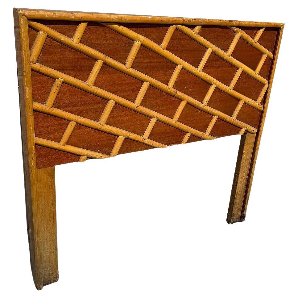 Restored Mid-century Geometric Brick Pattern Rattan & Mahogany Twin Headboad