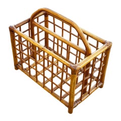 Restored Mid-Century Geometric Reed Rattan Pattern Rattan Magazine Rack